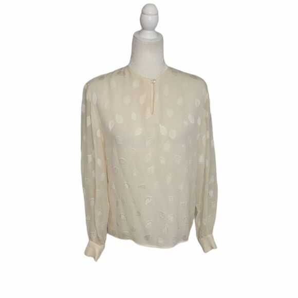 VINTAGE 70s blouse cream ivory leaf print embossed long sleeve S - Picture 1 of 9